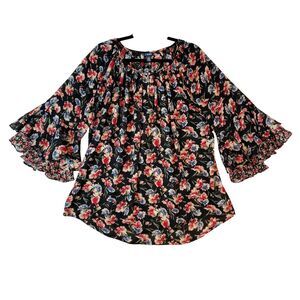 Chaps Top Womens 1X Floral Tiered Bell Sleeves Dark Cottagecore Peasant Country‎